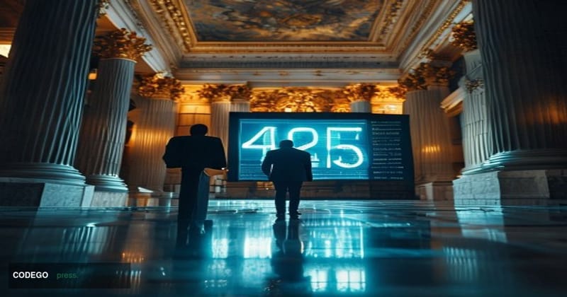 A cinematic editorial photograph set inside a grand Washington D.C. Senate chamber hallway, shot from a low angle looking up 