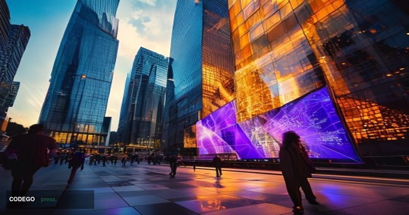 A cinematic editorial photograph set in São Paulo's financial district, with the iconic glass towers of Faria Lima Avenue vis