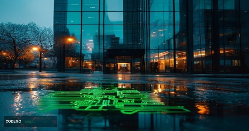 A photorealistic editorial photograph set at dusk outside a sleek London financial district office building with Revolut's di
