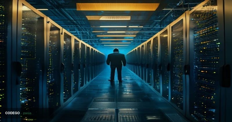 A cinematic editorial photograph set inside a vast, dimly lit data center filled with rows of glowing server racks in deep el