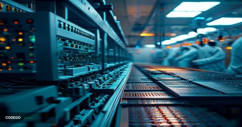 A dramatic cinematic editorial photograph set inside a cutting-edge semiconductor fabrication facility, with the foreground f