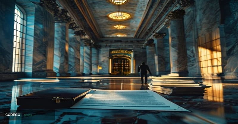 A dramatic cinematic editorial photograph set inside the neoclassical marble corridors of the Federal Reserve Bank of New Yor