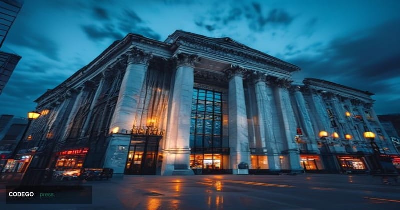 A dramatic cinematic editorial photograph centered on the neoclassical stone facade of the Federal Reserve Bank of New York b