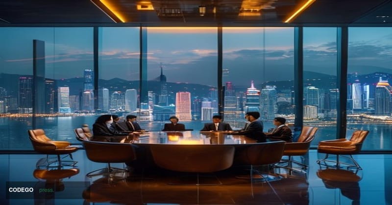 A cinematic editorial photograph set in a modern, glass-walled private banking suite overlooking Hong Kong's Victoria Harbour