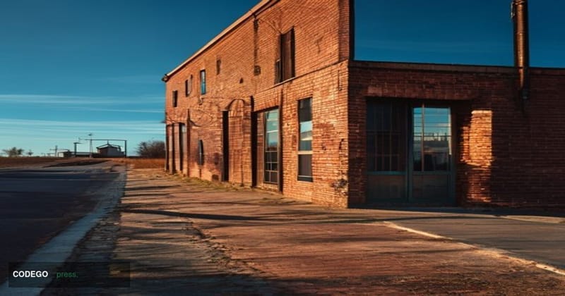 A photorealistic cinematic editorial photograph of a small-town American community bank branch in rural Indiana, evoking the 