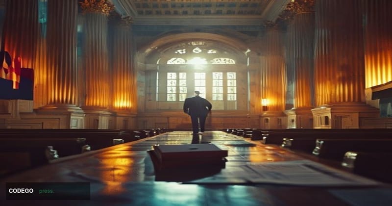 A cinematic editorial photograph set inside a formal federal government hearing chamber in Washington, D.C., evoking the gran