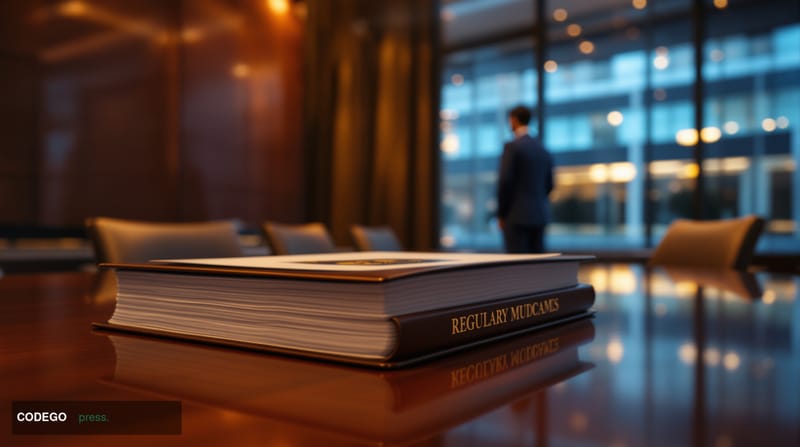 A photorealistic editorial photograph of a formal federal banking regulatory office interior, with a polished mahogany confer