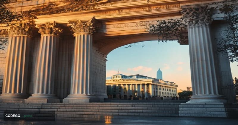 A photorealistic editorial photograph of the exterior of the Office of the Comptroller of the Currency headquarters building 