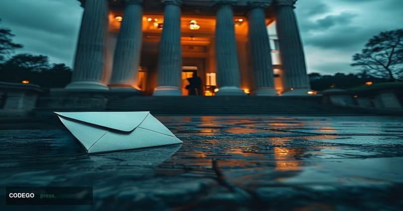 A dramatic cinematic editorial photograph set outside a imposing neoclassical US federal building representing the Office of 