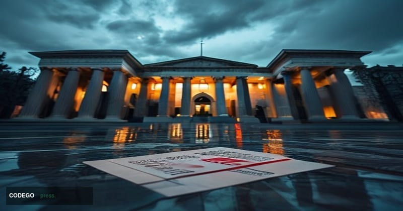 A cinematic editorial photograph set outside the Office of the Comptroller of the Currency's neoclassical Washington D.C. hea