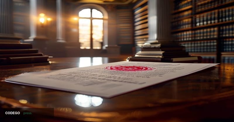 A photorealistic editorial photograph centered on a formal regulatory document bearing an official government seal being stam