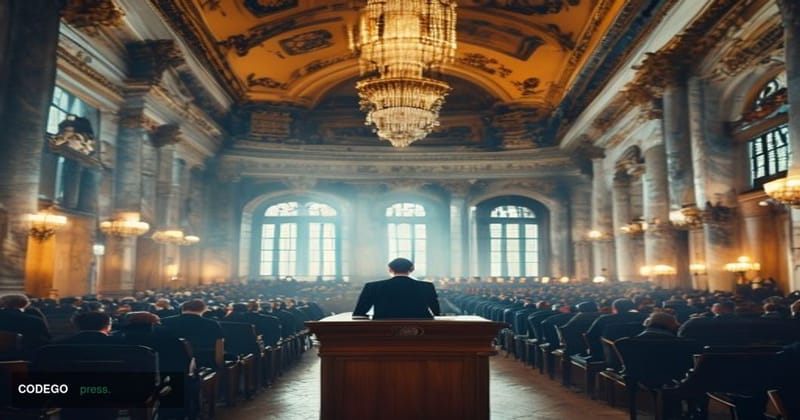 A cinematic editorial photograph set inside an grand European central bank conference hall in Vienna, Austria, with ornate ne