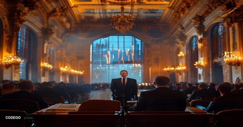 A cinematic editorial photograph set inside a grand Viennese conference hall with ornate Habsburg-era architectural details —