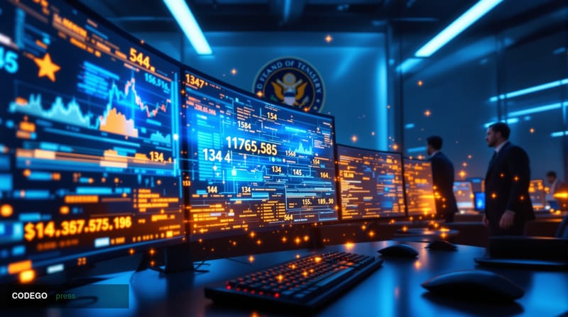 A cinematic editorial photograph set inside a high-security U.S. federal financial intelligence operations center, with large