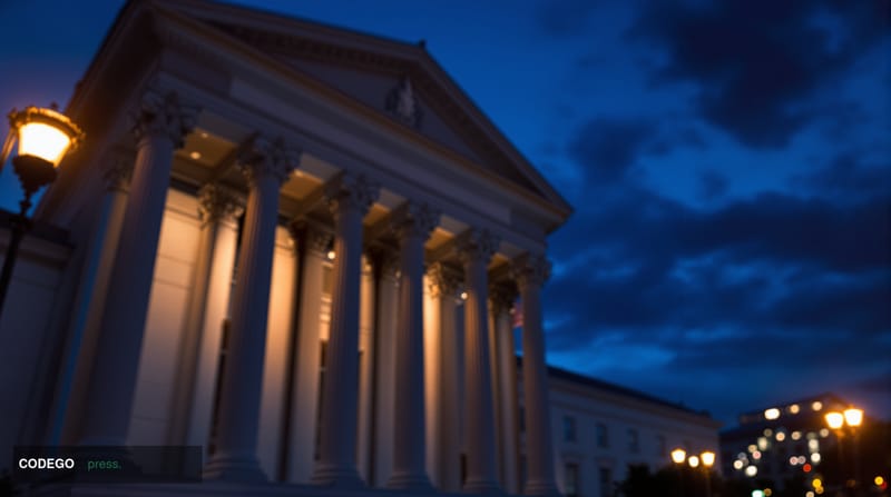 A dramatic cinematic editorial photograph depicting a United States Treasury building facade in Washington D.C. shot from a l