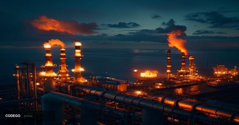 A cinematic editorial photograph shot at a low angle looking up at a large industrial oil refinery complex at dusk, with towe