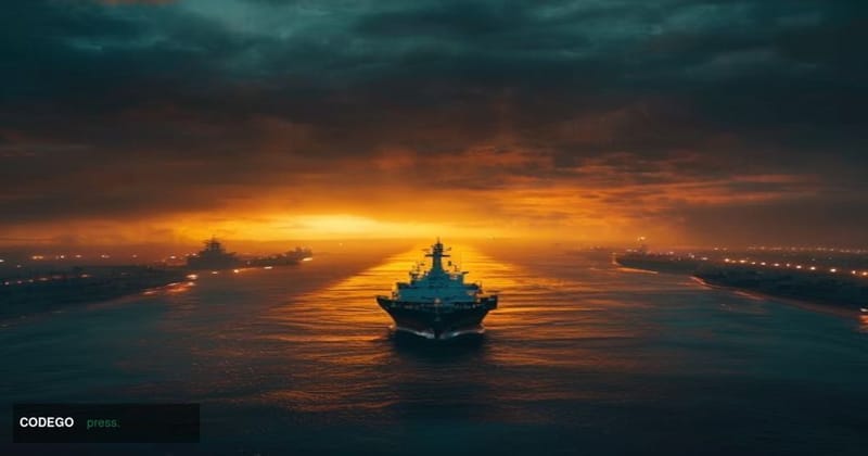 A cinematic editorial photograph taken from a low angle at the edge of a strategic maritime chokepoint, with a massive oil ta