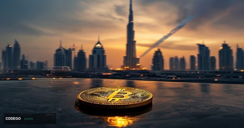 A dramatic cinematic editorial photograph shot from a low angle at dusk over the Dubai skyline, with the Burj Khalifa and UAE