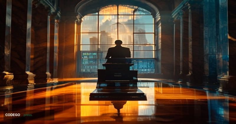 A cinematic editorial photograph set in the grand, marble-columned corridors of a New York State government building, with wa