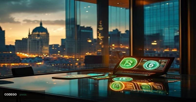 A cinematic editorial photograph set inside a sleek, modern European financial district office — identifiable as continental 