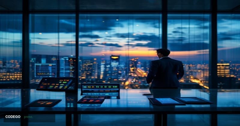 A photorealistic editorial photograph set inside a sleek, modern European financial technology office with floor-to-ceiling g