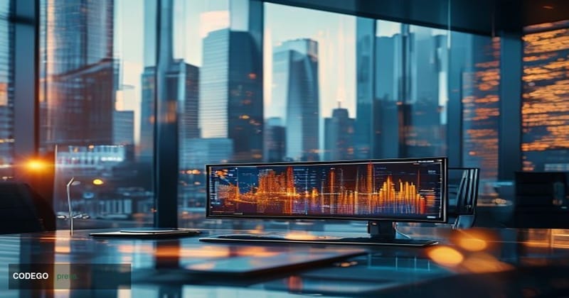 A photorealistic cinematic editorial photograph set in a sleek European financial district — specifically evoking Frankfurt o