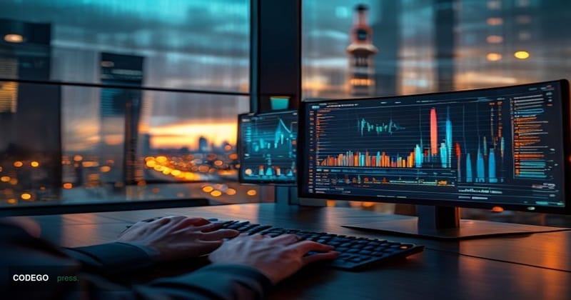 A cinematic editorial photograph set inside a sleek, modern European financial technology office interior, featuring dual lar