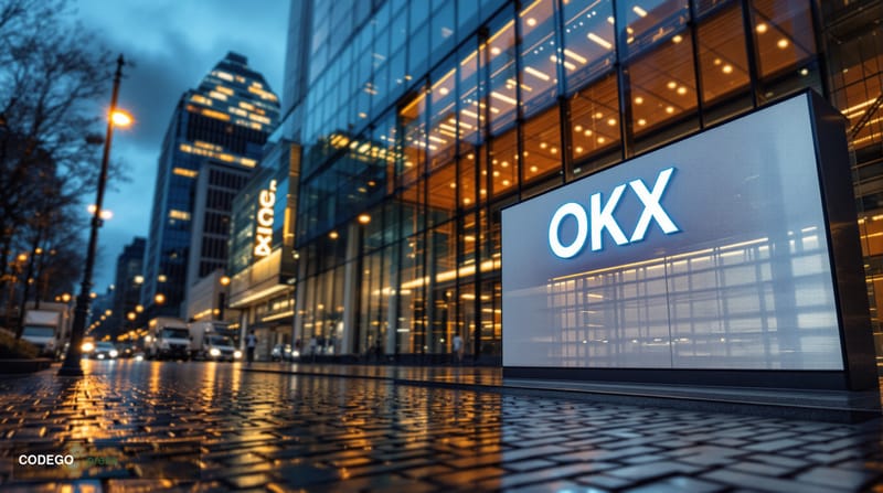 A dramatic cinematic editorial photograph set in a grand European financial district — specifically evoking Frankfurt's banki