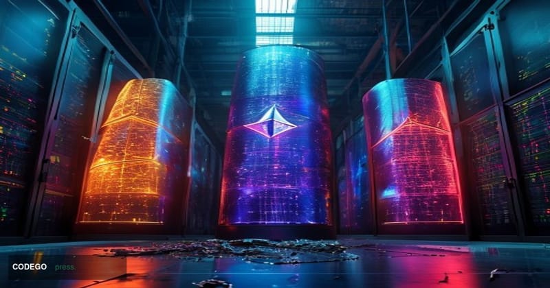 A cinematic editorial photograph shot from a low angle looking up at three massive illuminated server towers arranged like mo