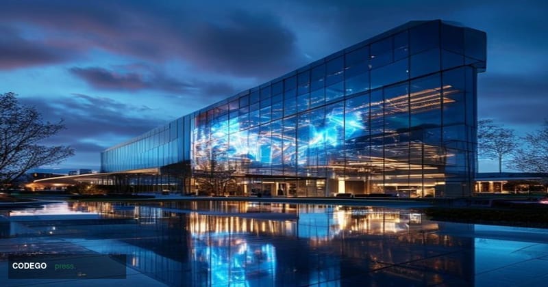 A cinematic editorial photograph set at the exterior of ON Semiconductor's corporate headquarters, a sleek modern glass-and-s