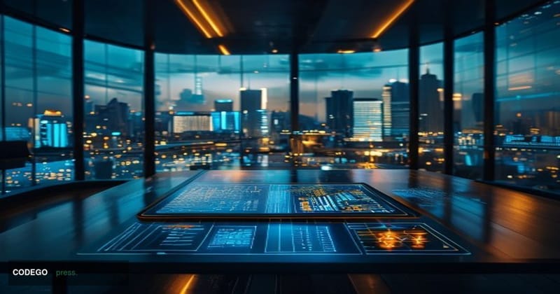 A dramatic cinematic editorial photograph set inside a sleek, modern financial technology operations center, with large curve