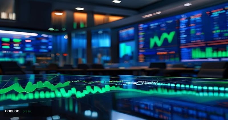 A cinematic editorial photograph set inside a sleek, modern trading floor or financial technology hub, with large curved scre