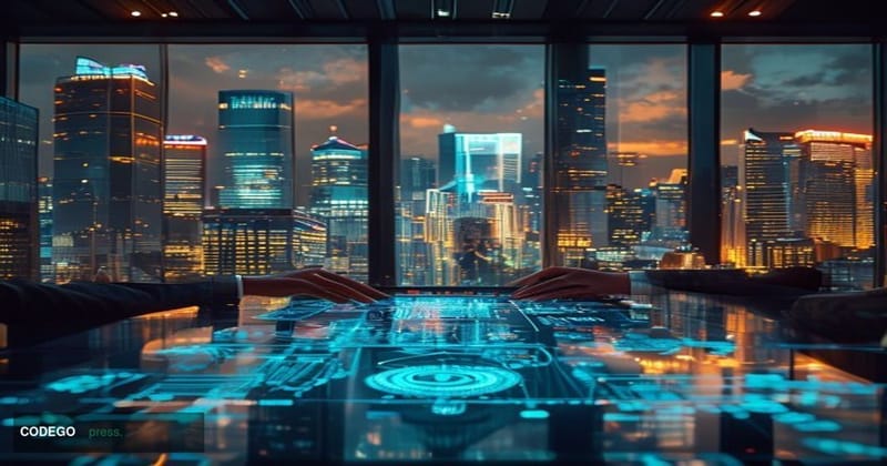 A cinematic editorial photograph set in Tokyo's financial district, with the iconic skyline of Shinjuku's skyscrapers visible