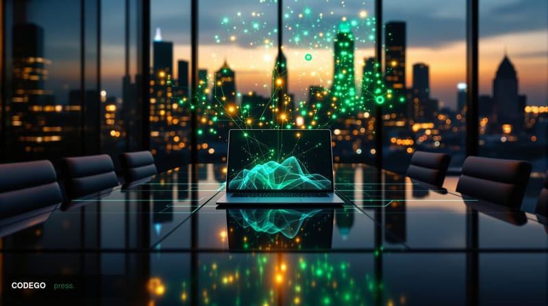 A dramatic cinematic editorial photograph set inside a sleek, modern boardroom with floor-to-ceiling glass walls overlooking 