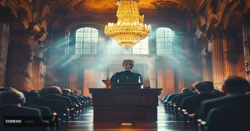 A photorealistic editorial photograph taken inside a grand neoclassical European central bank conference hall in Vienna, with