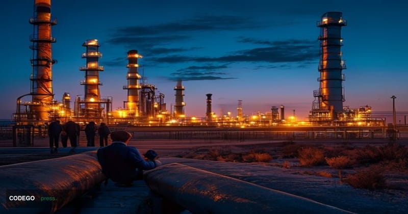 A cinematic editorial photograph of an oil refinery complex at dusk in the Middle East desert, with towering flare stacks cas