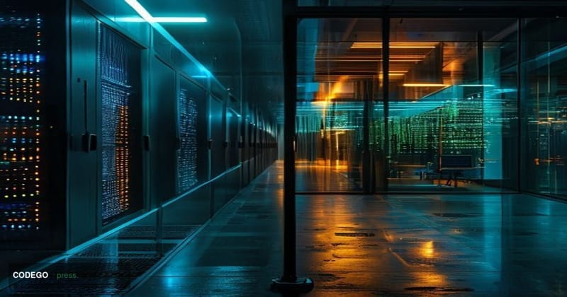 A cinematic editorial photograph depicting a dramatic split-scene: on the left, a sleek, dimly lit server room with blinking 