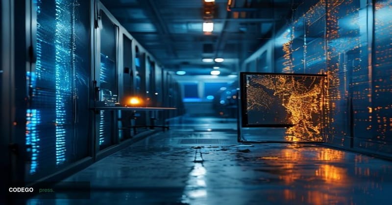 A cinematic editorial photograph set inside a sleek, high-security AI research laboratory environment at night, inspired by O