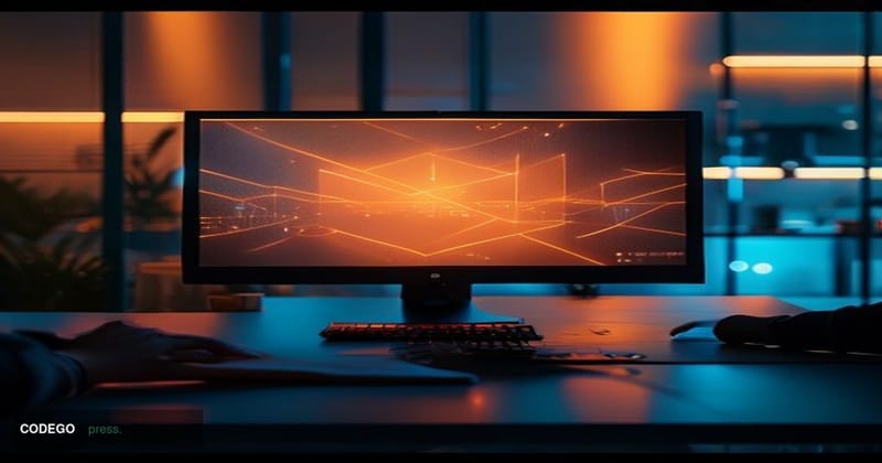 A sleek, minimalist technology workspace photographed in dramatic chiaroscuro lighting, with a high-resolution monitor displa