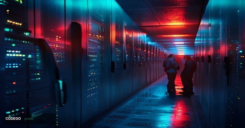 A dramatic cinematic editorial photograph shot from a low angle inside a high-security server room corridor, with rows of glo