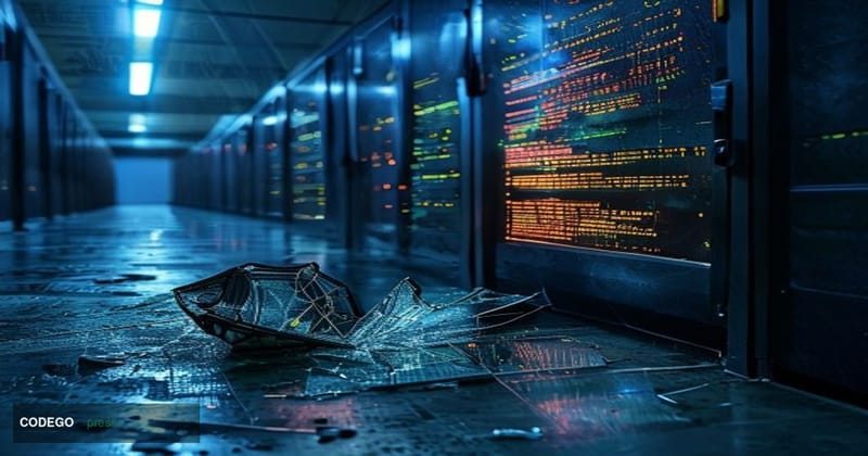 A dramatic cinematic editorial photograph set inside a dark, high-security server room bathed in cold blue and amber emergenc