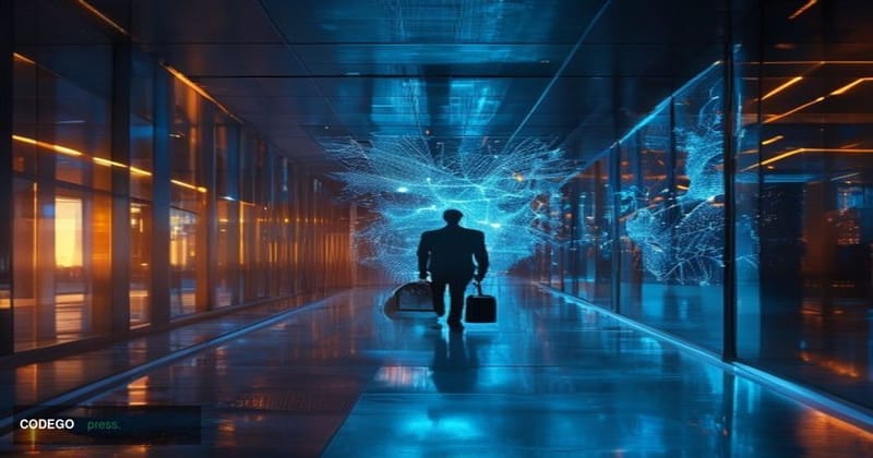 A dramatic cinematic editorial photograph set inside a sleek, modernist AI research facility corridor resembling OpenAI's San