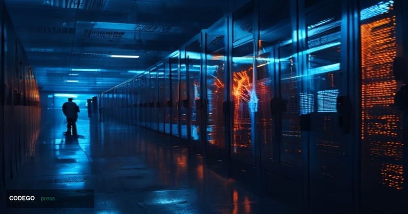 A cinematic editorial photograph set inside a high-security AI research laboratory at night, with dramatic chiaroscuro lighti