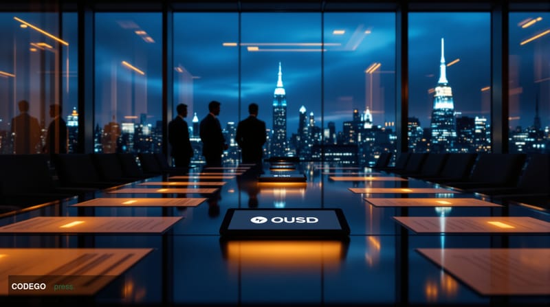 A cinematic editorial photograph set in a sleek financial district boardroom overlooking a recognizable New York City skyline