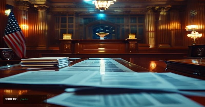 A cinematic editorial photograph set inside a grand federal regulatory hearing room in Washington D.C., with polished mahogan