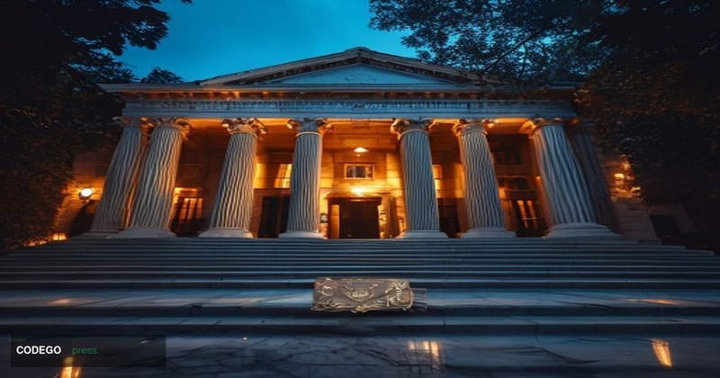 A cinematic editorial photograph taken at ground level looking up at the classical stone facade of a historic Southern bank b