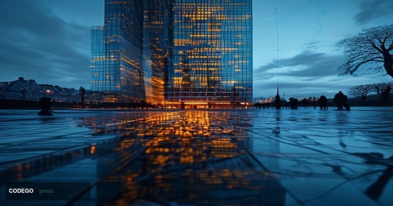 A dramatic cinematic editorial photograph taken at ground level looking up at the Wiener Börse or a sleek Austrian financial 