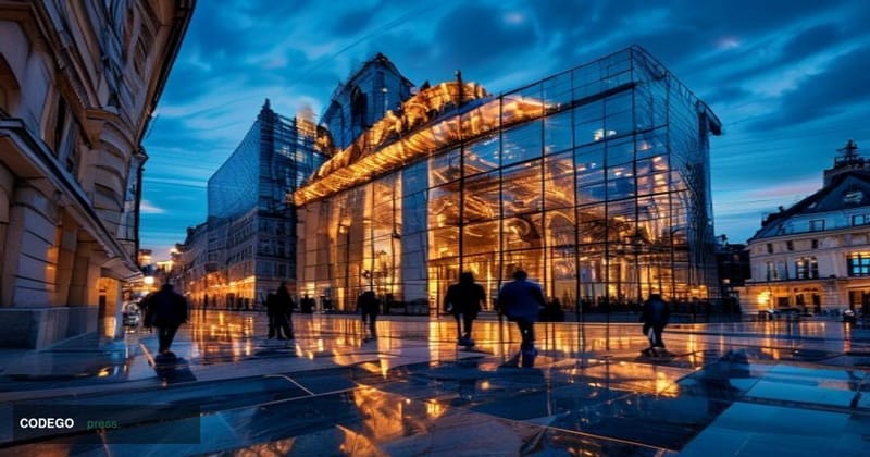 A photorealistic editorial photograph of Vienna's financial district at dusk, with the iconic Ringstrasse architecture visibl