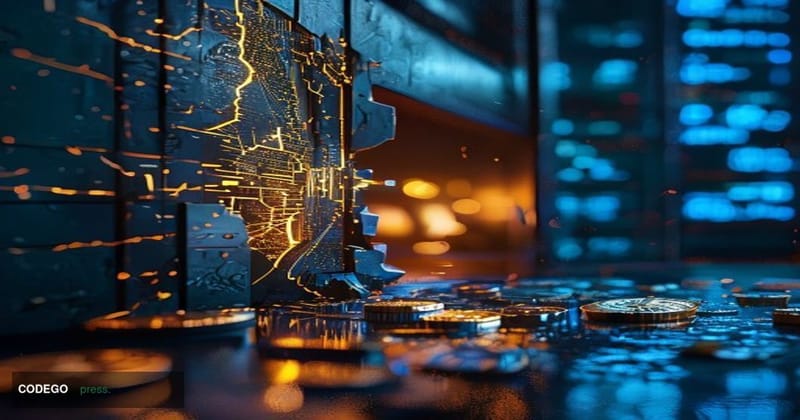 A dramatic cinematic editorial photograph taken at low angle, looking up at a cracked and partially shattered digital vault d