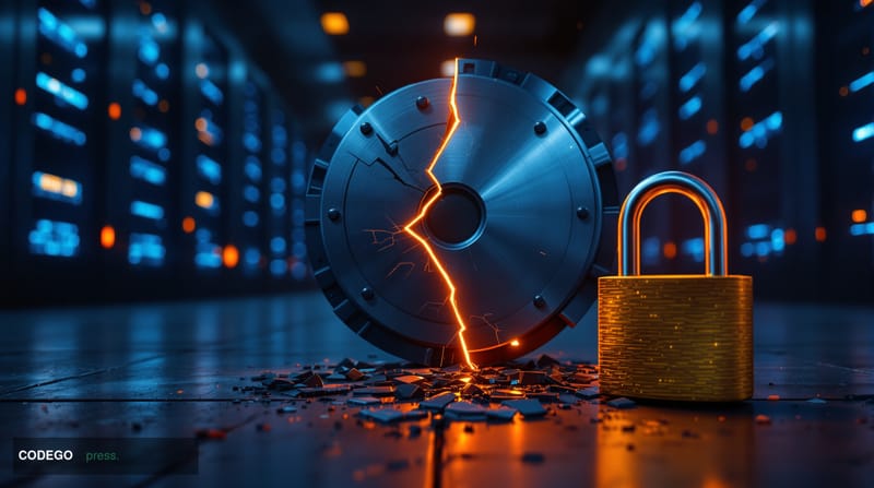 A cinematic editorial photograph depicting a cracked digital vault door rendered in dark gunmetal grey, glowing orange at the